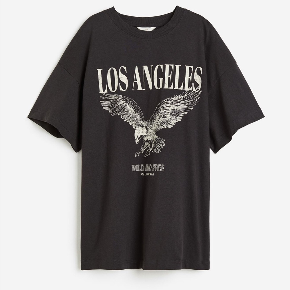 NWT H&M Oversized T-Shirt Printed Los Angeles Dark Gray Size XS Short Sleeve